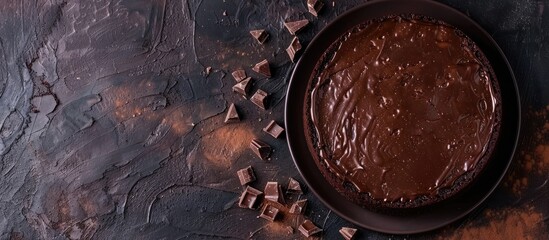 Wall Mural - Chocolate cake with dark chocolate ganache on a dark background, viewed from above, with space for text. A traditional homemade chocolate cake topped with rich dark chocolate ganache.