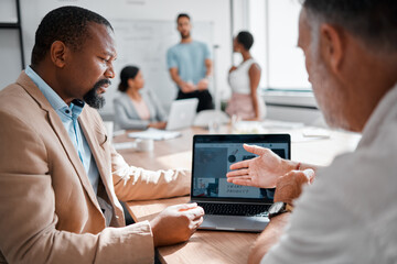 Poster - Employees, presentation and laptop for project management, partners and collaboration or working. Technology, business meeting and discussion or businessman together, company and strategy for website