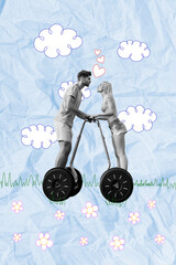 Poster - Creative trend collage of cute couple spend time together have fun ride segway weird freak bizarre unusual fantasy