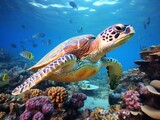 Fototapeta Desenie - Green sea turtle on coral reef in the Red Sea, Egypt.