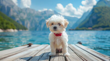 Cute White Puppy Standing On The Wooden Dock At The Lake With Beautiful Mountains In The Background