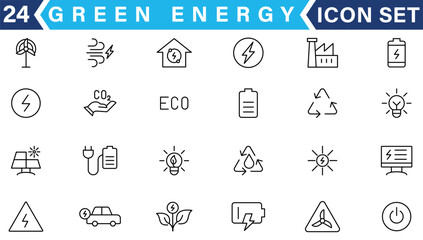 Ecology and Green Energy Power Line Outline Icon Set. Pixel Perfect Editable Stroke