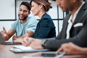 Poster - Help, man and woman with laptop in meeting for teamwork or collaboration, feedback and training. Male employee, teaching and coaching online for guidance or mentorship for performance improvement
