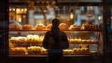 Fototapeta Uliczki - A man stands in front of a bakery window, looking at the pastries. The scene is warm and inviting, with the light from the bakery illuminating the pastries and creating a cozy atmosphere