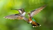 © Rattanathip - A hummingbird is flying through the air with its wings spread wide. The bird is green and brown, and it is enjoying the freedom of flight. Concept of freedom and joy