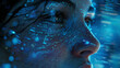 Close-up cybernetic female face amidst a stream of digital code