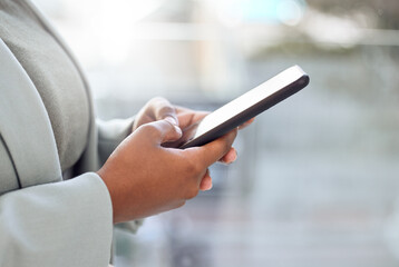 Poster - Office, typing and hands of woman with phone for networking, scroll and business communication. Online chat, post and female person with smartphone for contact, connection or browse on email website.
