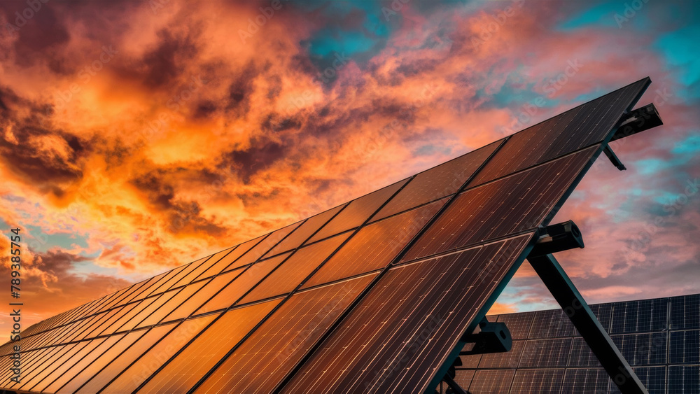 Dramatic Sunset Sky Behind an Eco-Friendly Solar Panel Installation ...