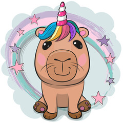 Wall Mural - cartoon capybara with unicorn horn isolated on a white background