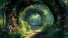 A Stone Path Leads Through An Archway Covered In Pink Flowers Into A Misty Forest.

