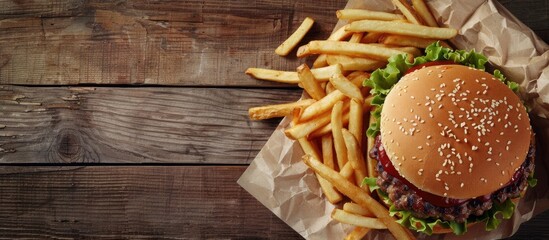 Wall Mural - Large hamburger and fries placed on a wooden table, seen from above, with space for additional elements.