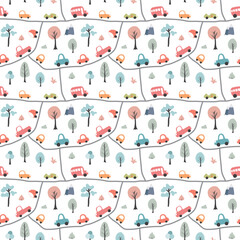 Cute Cars Seamless Pattern, Childish Cartoon background, vector Illustration