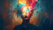 a person with a lightbulb filled with colors in their head