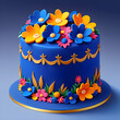 Illustration of royal blue fondant cake with colorful flowers decoration