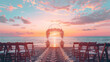 beautiful sunset beach wedding ceremony with an arch and floral decorations, surrounded by wooden chairs facing the ocean at golden hour. wedding setup on beach. creating a romantic atmosphere