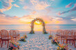 © Rangga Bimantara - beautiful sunset beach wedding ceremony with an arch and floral decorations, surrounded by wooden chairs facing the ocean at golden hour. wedding setup on beach. creating a romantic atmosphere