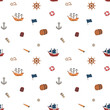 Cute Ship and sailboat Seamless Pattern. Cartoon nautical items and objects background. Vector illustration