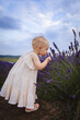 The girl likes lavender flowers and likes to smell them when she is around