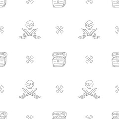 Wall Mural - Treasure chest, Skull and crossed swords Seamless Pattern. Cartoon Pirate elements and objects. background. Vector illustration