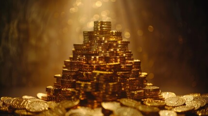 Poster - A stack of gold coins arranged graphically to represent growth and prosperity in gold investments, highlighting the potential for wealth accumulation.