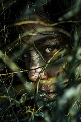 Wall Mural - Intense Gaze Peering Through Branches in a Forest Setting at Twilight