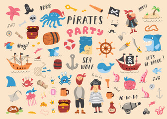 Naklejka na meble Cute Pirate elements collection. Cartoon sea adventures items set. Vector illustration