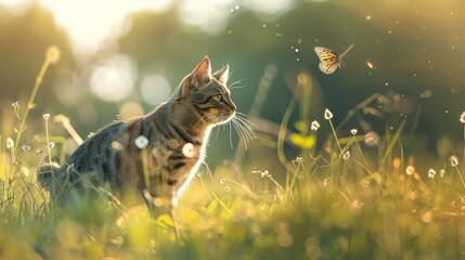 Poster - cute a tabby cat walks through a summer sunny meadow and looks at a passing butterfly