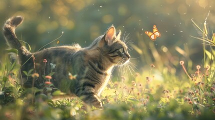 Poster - cute a tabby cat walks through a summer sunny meadow and looks at a passing butterfly