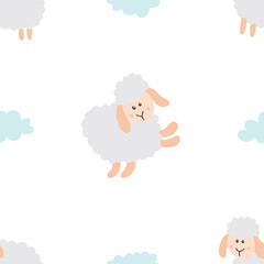 Wall Mural - Cute Sheep Seamless Pattern, Cartoon Background vector Illustration