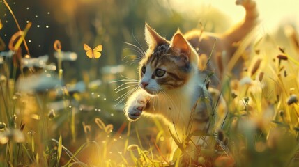 Poster - cute cat walks through a summer sunny meadow and looks at a passing butterfly