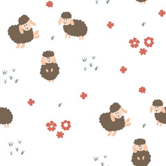 Wall Mural - Cute Sheep Seamless Pattern, Cartoon Background vector Illustration