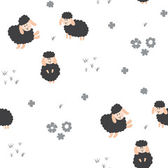 Wall Mural - Cute Sheep Seamless Pattern, Cartoon Background vector Illustration