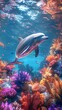Underwater 3D rendering of a fancy bottlenose dolphin, emitting colorful echolocation pulses amidst coral reefs