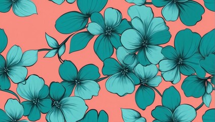 Poster - Abstract background of teal flowers on a coral background in the style of painting. Beautiful, minimalistic print.