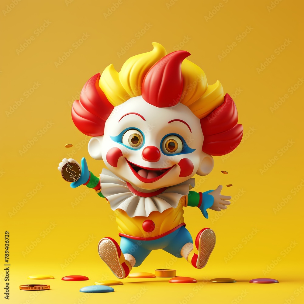 cute-mini-clown-cartoon-in-3d-joyfully-stealing-a-coin-vibrant-colors