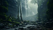 A cascading waterfall hidden within a dense, mist-covered forest.