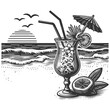 refreshing cocktail on a tropical beach with palm trees and exotic fruit sketch engraving generative ai vector illustration. Scratch board imitation. Black and white image.