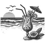 Fototapeta Dinusie - refreshing cocktail on a tropical beach with palm trees and exotic fruit sketch engraving generative ai vector illustration. Scratch board imitation. Black and white image.