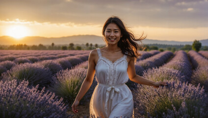 Wall Mural - Bellissima ragazza di origini asiatiche felice in un campo di lavanda della Francia meridionale al tramonto durante una vacanza vestita con un abito di lino bianco