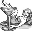 retro pin-up girl enjoying a martini alcohol glass, epitomizing vintage charm and cocktail culture sketch engraving generative ai vector illustration. Scratch board imitation. Black and white image.