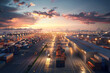 A digital rendering of a modern logistics center at twilight, illuminating the extensive cargo network and warehousing solutions Containers are being moved in a coordinated manner, showcasing 
