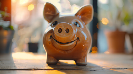 Wall Mural - Piggy bank on wooden table with bokeh background.