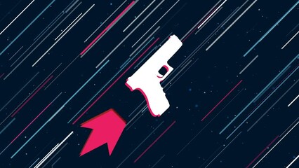 Poster - Gun symbol flies through the universe on a jet propulsion. The symbol in the center is shaking due to high speed. Seamless looped 4k animation on dark blue background with stars
