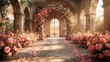 Romantic wedding venue adorned with 3D rendered rose trellises, enchanting and magical