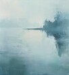 Gemälde einer Landschaft mit See und Bäumen in Blautönen, verträumte Stimmung, Nebel und diffuses Licht, sanfte Farben, kühle Anmutung	, nordisch, Norden, pastell
