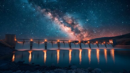 Wall Mural - Starry Hydro Dam - Harmony of Energy & Cosmos. Concept Hydroelectric Power, Renewable Energy, Dam Construction, Night Sky Photography, Sustainable Development
