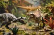 A diorama depicting a prehistoric battlefield between a T-Rex and a stegosaurus.