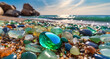 blue crab on the beach .Colorful gemstones on a beach. Polish textured sea glass and stones on the seashore. Green,