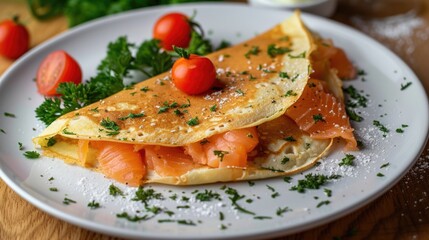 Wall Mural - Folded crepe with smoked salmon and fresh herbs on a white plate.