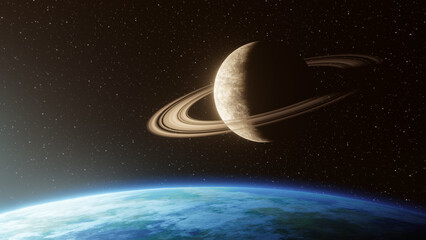 Wall Mural - view of a ringed planet in space above the horizon of a blue planet seen in the foreground. fantasy 